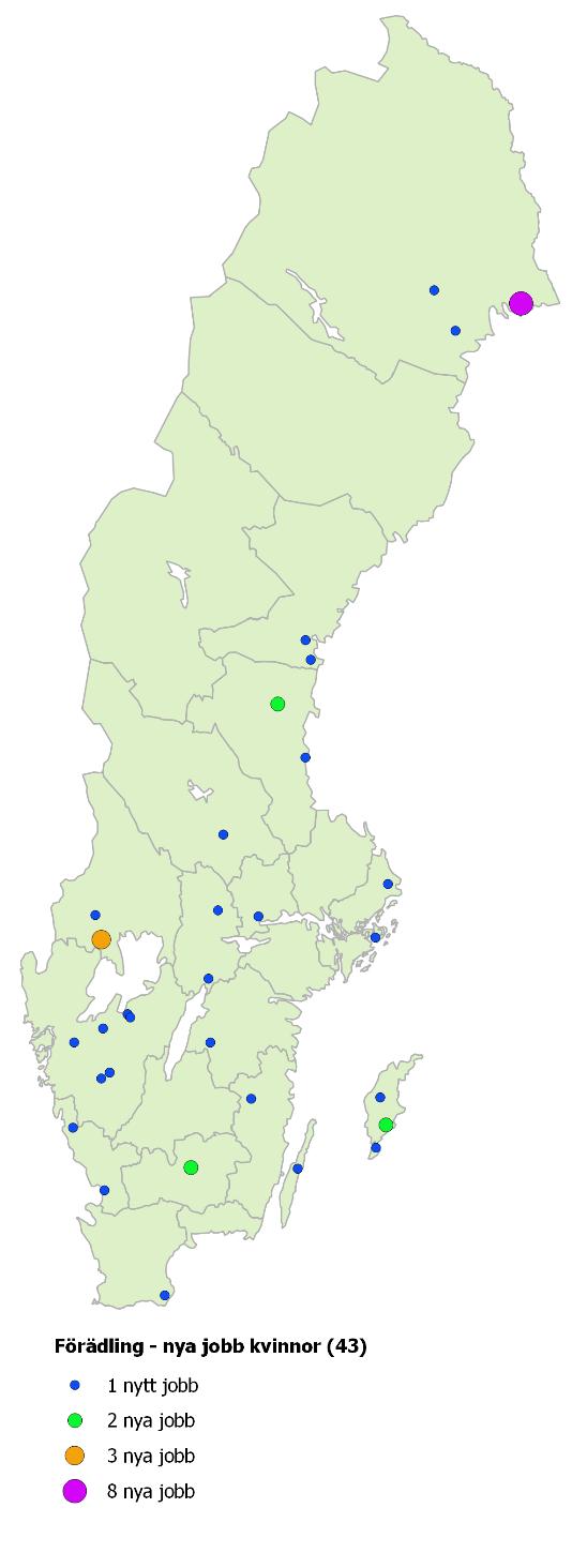 20 nya jobb i Norrbotten 2018-10-26 Figur 6 och 7 visar spridningen av antalet nyskapade jobb uppdelat på kvinnor och män. Norrbotten är i topp med 20 nya jobb.