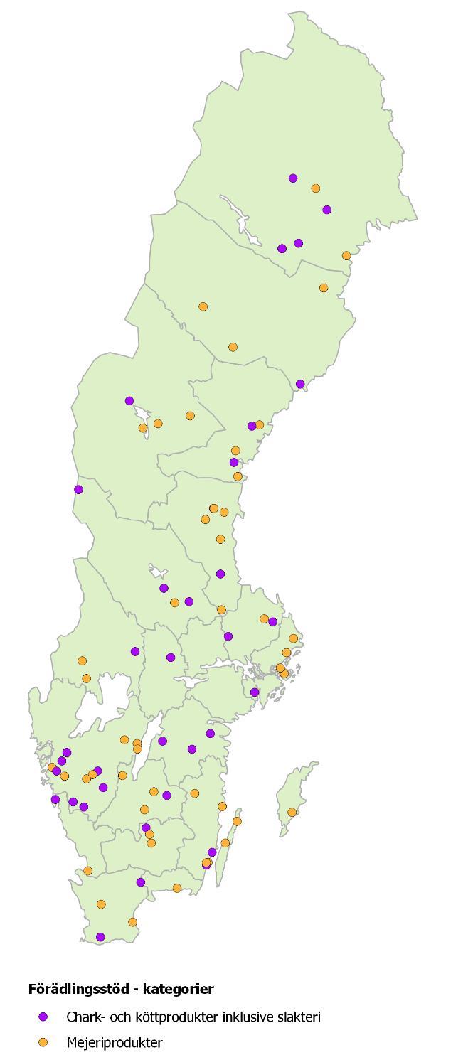 Förädling av jordbruksprodukter från norr till söder 2018-10-26 Kartorna i figur 3 och 4 visar var i landet de fyra största kategorierna finns.