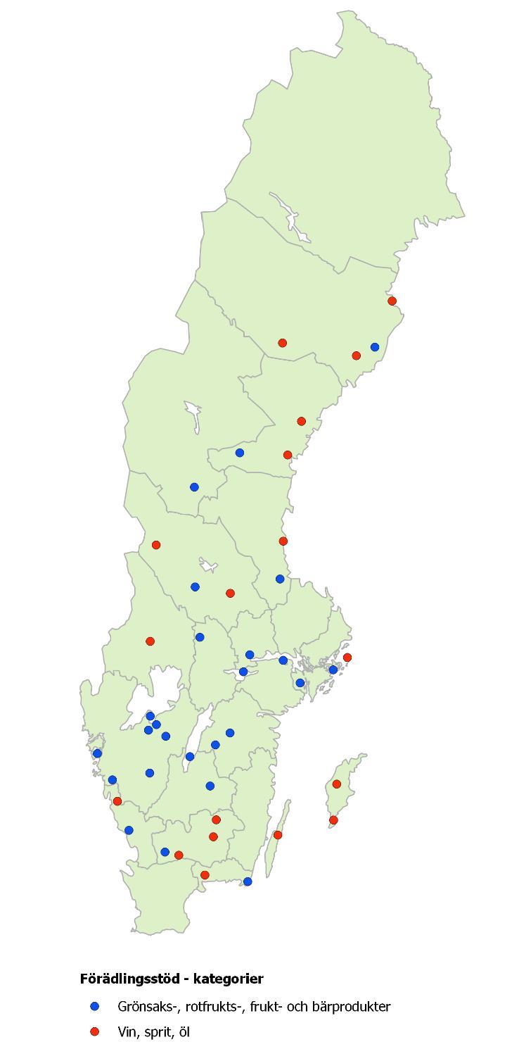 Kategorin grönsaks-, rotfrukts-, frukt- och bärprodukter har en placering i mellersta och södra Sverige.
