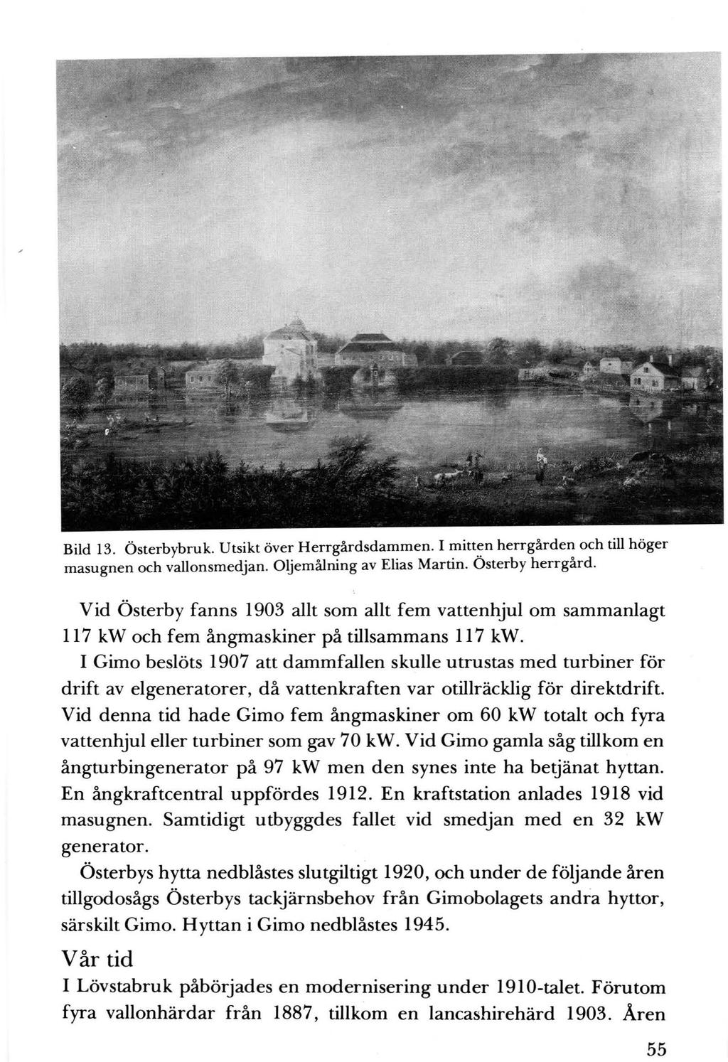 Bild 13. Österbybruk. Utsikt över Herrgårdsdammen. I mitt~n herrgården och till höger masugnen och vallonsmedjan. Oljemålning av Elias Martin. Osterby herrgård.