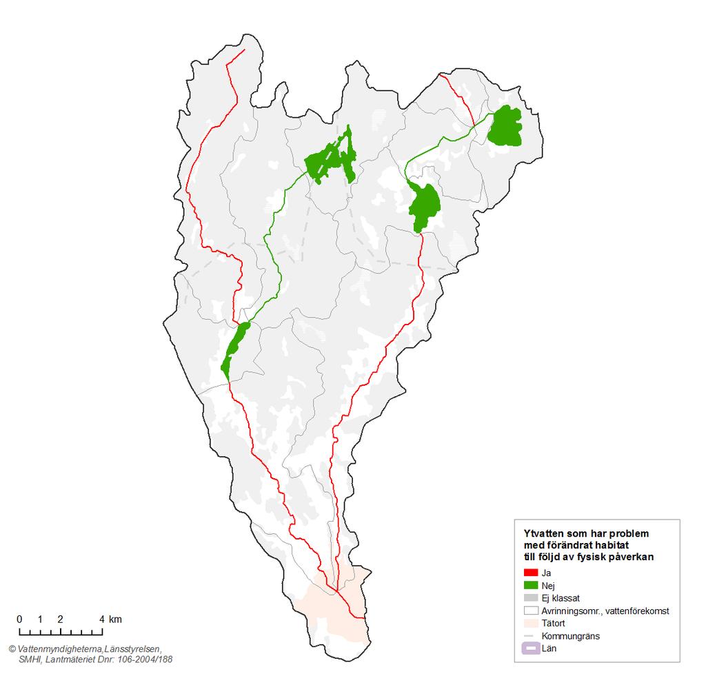 Figur 9. Vattenförekomster där förändrade habitat genom fysisk påverkan angivits som miljöproblem i Köpingsåns avrinningsområde. 2.5.