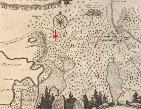 Utdrag ur Erik Dahlberghs Suecia Antiqua 1716. Den röda pilen markerar platsen för Tjuvarör (RAÄ 43, belägen mellan planområde Madhagen och Slättelund), på kartan kallad Steenroor.