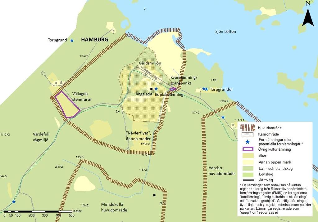 HAMBURG Klass 2 Lyckebyån som resurs: F.d. slåttermader och mossodlingar med en ängslada. Kvarnlämning i ån. Skogslandets jordbruk: Ensamgård med äldre mangårdsbyggnad och ekonomibyggnader.