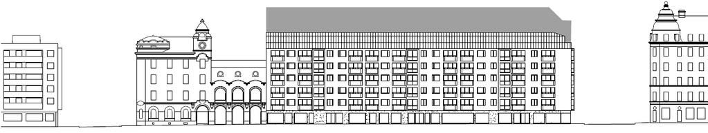 Sida 6 (9) Fasad mot Krukmakargatan som visar befintlig fasad med en grå yta som grovt markerar det område som föreslås utredas för en påbyggnad (bild Total Arkitektur).