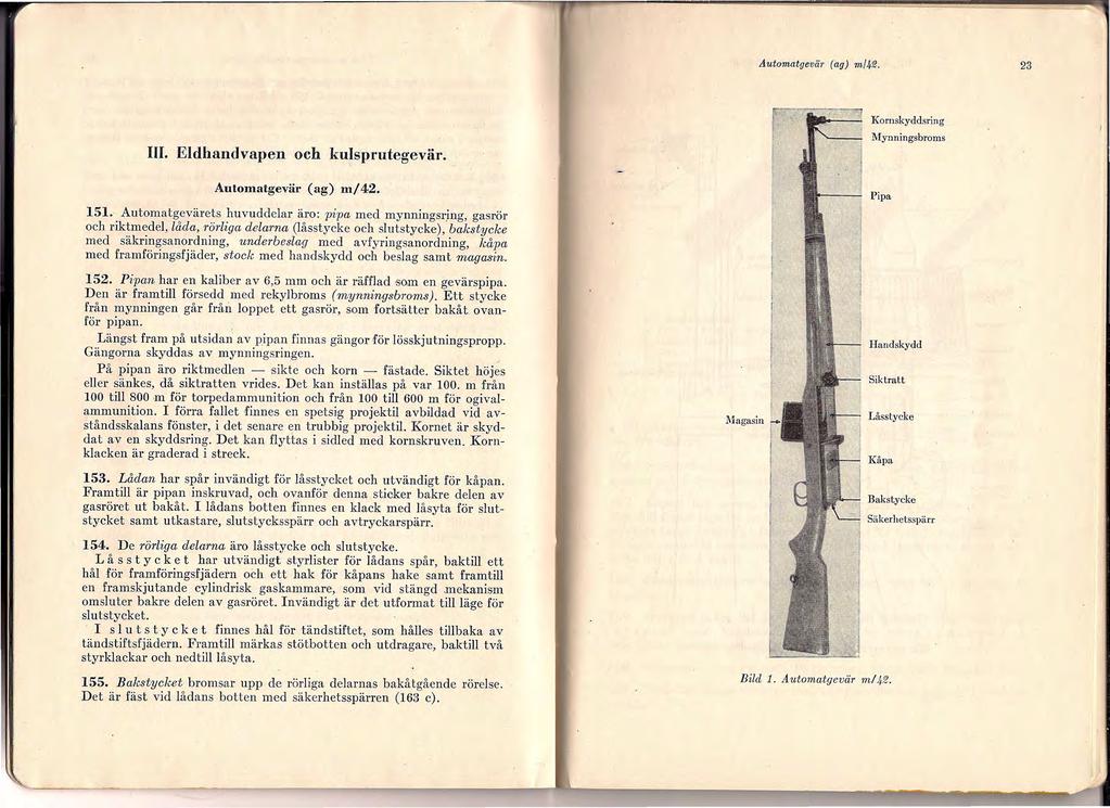 Automatgevär (ag) m/491. 23 III. Eldhandvapen och ku!sprutegevär. Automatgevär (ag) m/42. 151.
