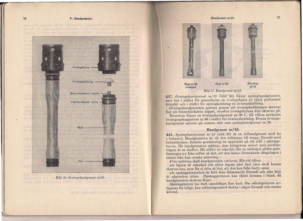 76 V. Handgranater. Handgranat m/43. 77 Ö~ning~liyls a Bild 30. Övningshandgranat m/39. Shgll" m/43 itusågad Shgr m/43 Bild 31. Handgranat m/43. Blindhgr m/43 437.