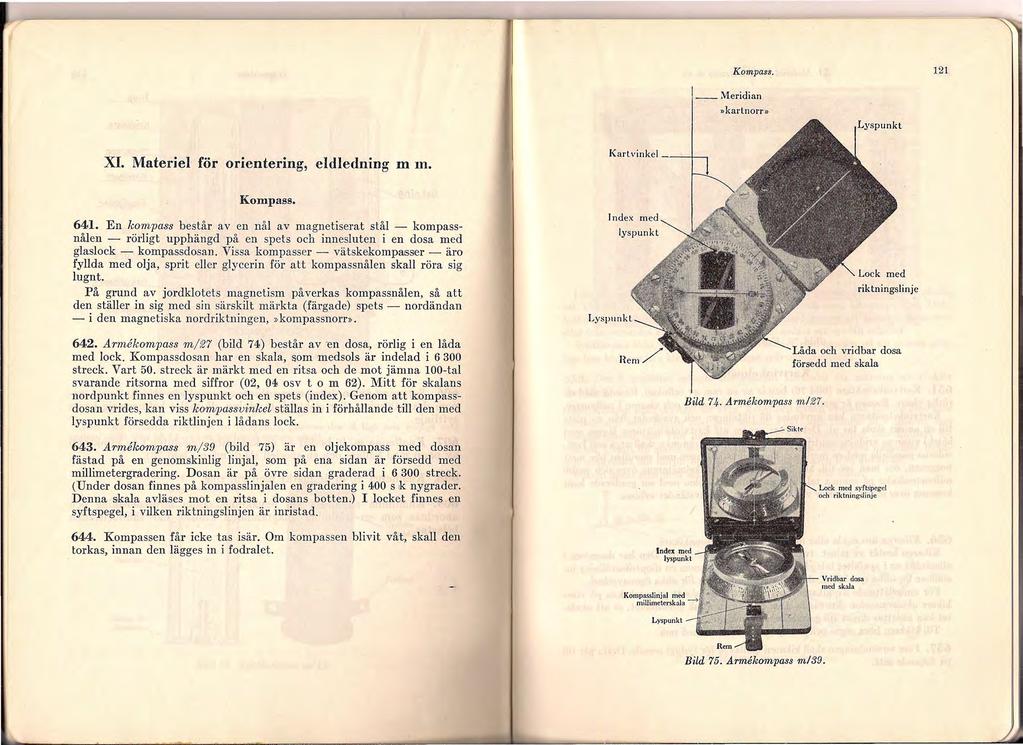 Kompass. 121 Meridian»kartnorr» XI. Materiel för orientering, eldledning m m. Kart vinkel_ -~+--. Kompass. 641.