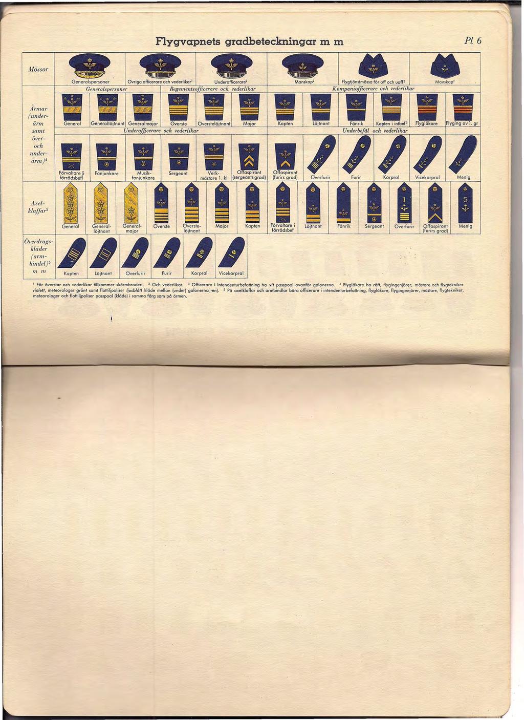 Flygvapnets gradbeteckningar m m Pl6 Mössor.A'rmar (underärm. samt overoch underärm)' A.