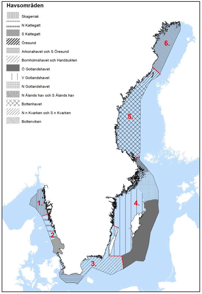 Figur 1. Svenska havsområden indelade i 6 havsregioner, var och en bestående av ett kust- och ett utsjöområde.