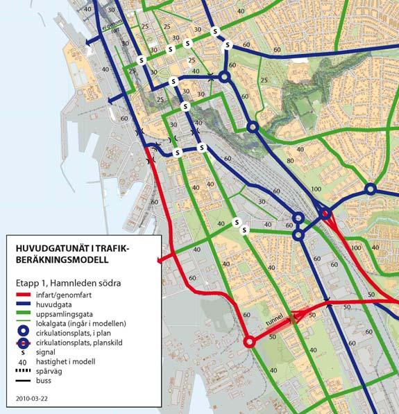Figur 6 Gatunät och hastigheter för Etapp 1, Hamnleden södra