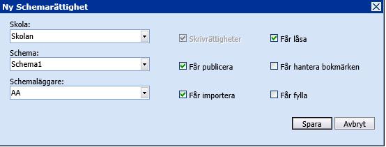 Får låsa Får hantera bokmärken Får fylla Användaren har rätt att låsa schemat för andra användare. Användaren har rätt att skapa eller ta bort bokmärken samt att navigera mellan bokmärken.