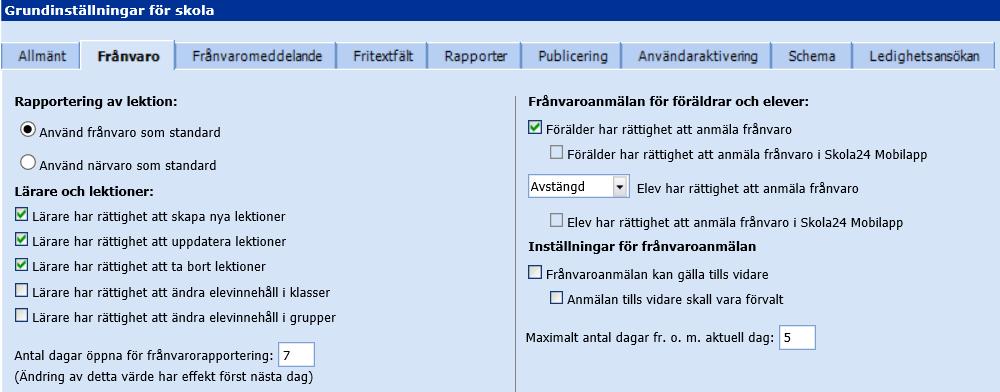 De checkboxar som har en grön bock, se bild nedan, eller som går att markera kan administreras av kommunadministratören eller av