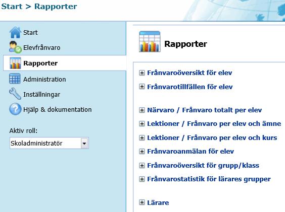 För fler rapportmöjligheter för Frånvaro/Närvaro, välj Sammanställningar Till rapporter. Välj för fler rapportalternativ En lista med de olika rapporttyperna visas.