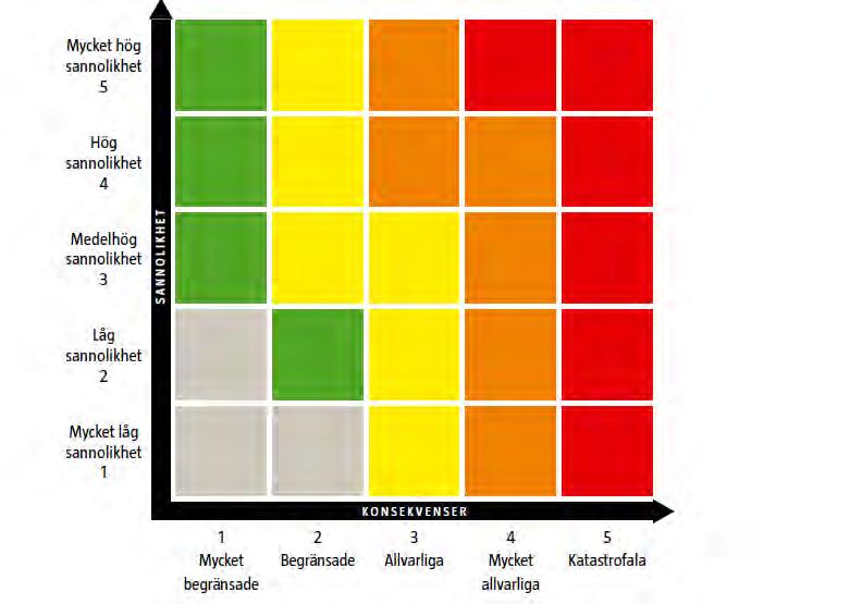 12 Figur 1: Exempel på riskmatris Huvuddelen av landstingen använder sig av kvalitativa bedömningar, ibland med kvantitativa inslag.