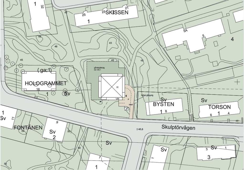 SID 5 (9) Situationsplan. Den blå streckade linjen visar en preliminär plan- och tomtgräns.