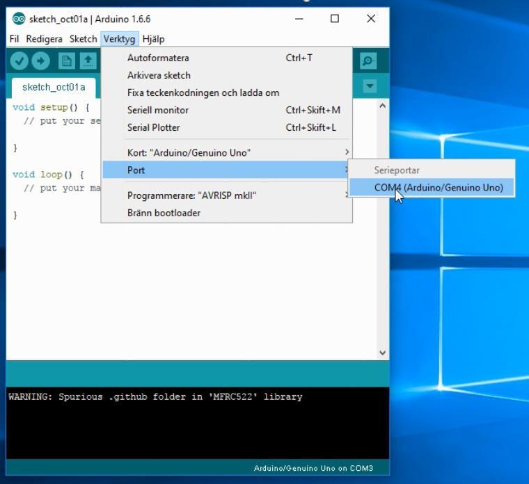 Den aktuella COM-porten som Arduino tagit i anspråk visas.