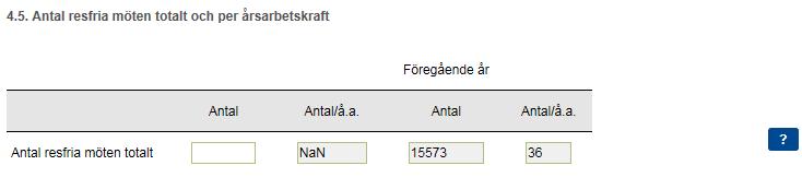 27(32) Fråga om resfria möten 4.5. Antal resfria/digitala möten totalt och per årsarbetskraft Hjälptext: Digitala möten är på distans i realtid, t.ex. telefon- (minst tre deltagare), video- och webbmöten.