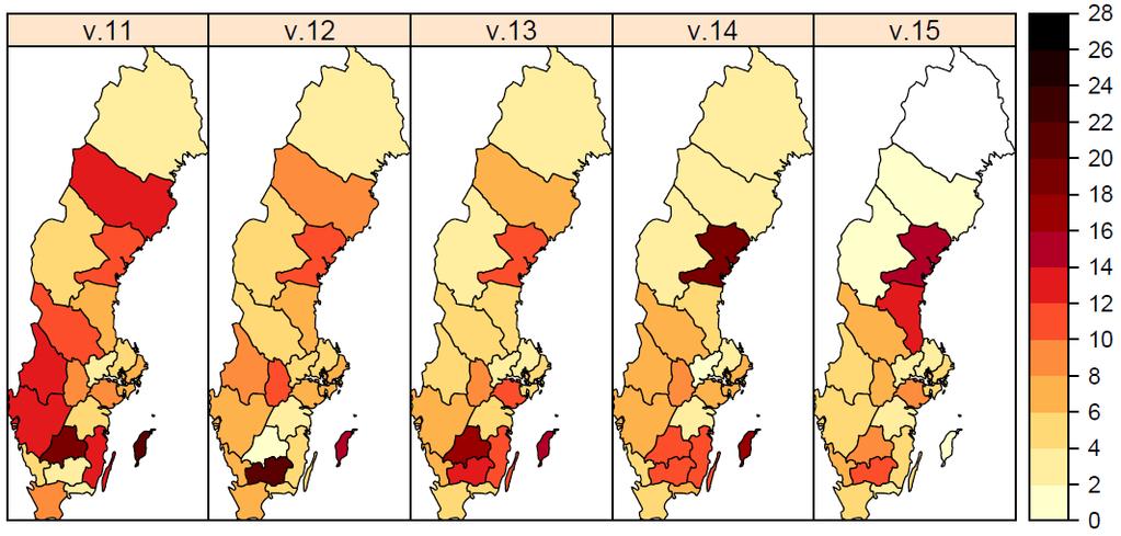 Antal laboratorieverifierade influensafall per subtyp och totalt, samt antal analyserade prover och andel positiva, aktuell och kumulativt denna säsong.