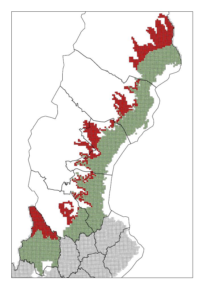 Figur 2. Den norra avgränsningen av den geografiska region där inventeringen av hällmarkstorrängar har genomförts 2015. För södra Sverige inkluderas samtliga län (grått).