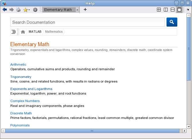 3 Elementära funktioner Vi letar upp hjäptexterna för elementära eller matematiska funktioner i Help genom att successivt öppna MATLAB, Mathematics och sedan Elementary Math.