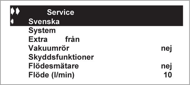 5. Service 5.1 / Språk Tryck på eller för att välja raden Svenska och tryck sedan på för att aktivera menyraden. Nu kan man byta språk genom att trycka på eller.