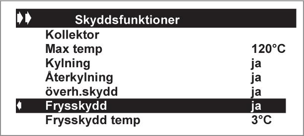 5.5.5 / Frysskydd Om frysskydd är valt så hålls temperaturen i solfångarna (T1) och (T2) över frysskyddtemperaturen (se nedan) genom att aktivera pump P1 eller P2.