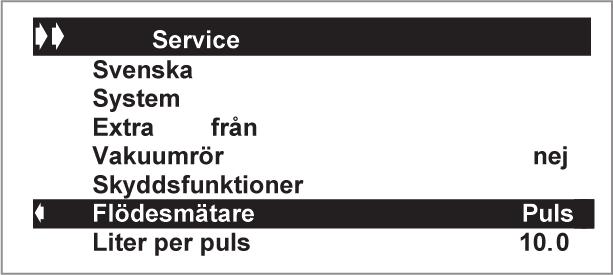 Om pulsgivande flödesmätare är installerad (ingång T6) väljs puls. Därefter måste flödesgivarens pulsvärde i liter/puls ställas in med eller. (Ställbar 1 till 25 l/puls med fabriksvärde 10 l/puls).