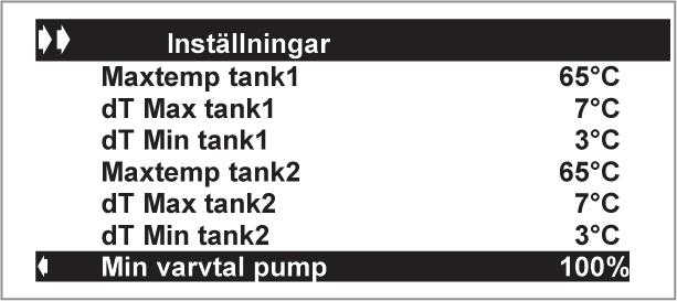 4.8 / Min varvtal pump Tryck på eller för att välja raden Min varvtal pump och tryck på för att aktivera menyvalet.