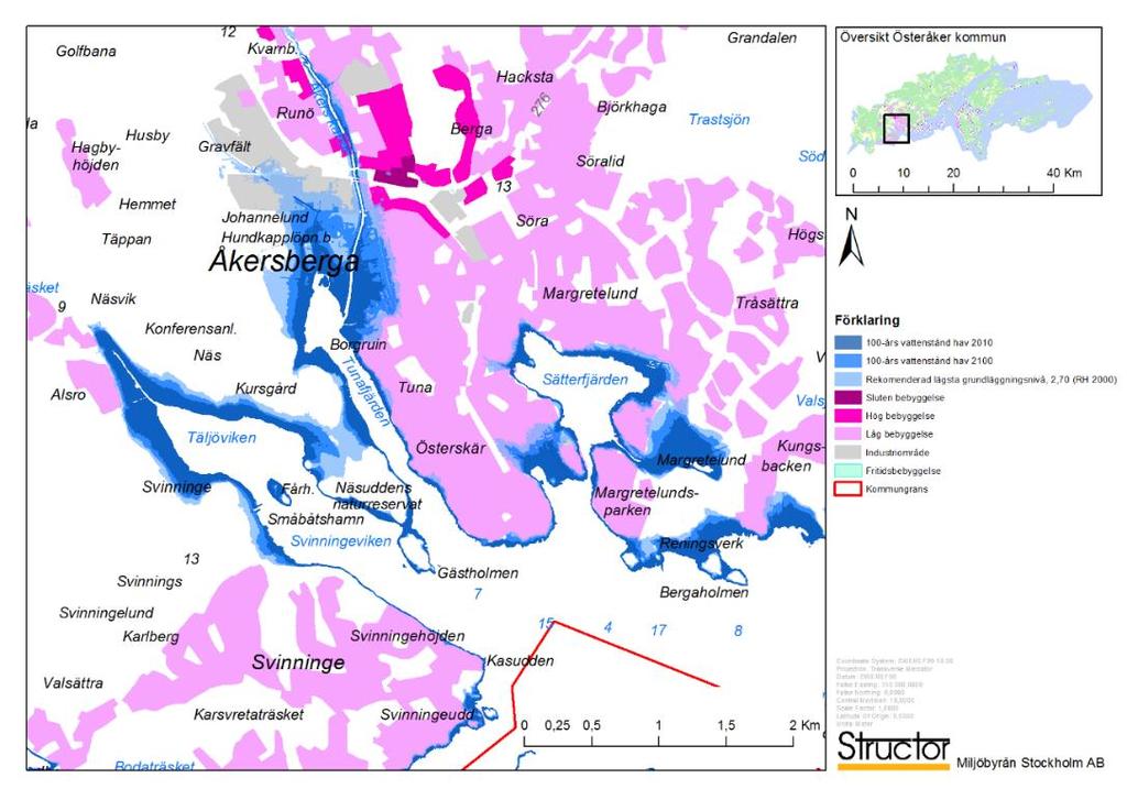 Inom och omkring Åkersberga finns det flera områden som är utsatta för risk med en stigande havsnivå (se figur 26). Figur 26.