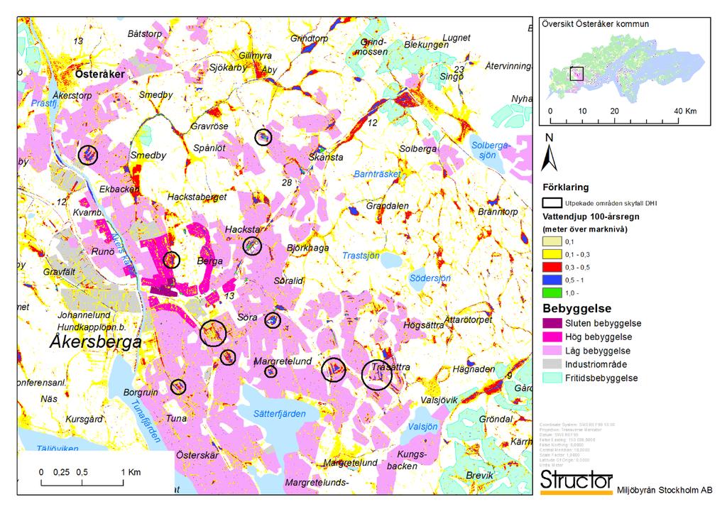 2016-02-26, s 35 (65) Figur 28. Resultat från skyfallskarteringen och exempel på 11 utpekade områden inom Åkersberga som kan få ett vattendjup på över 0,5 m. 5.1.4 Planerad ny bebyggelse Nya detaljplaner är under framtagande för områden som ligger inom Åkersbergas centrala delar, sydväst om Åkersberga vid Tunafjärden samt vid Täljöviken.