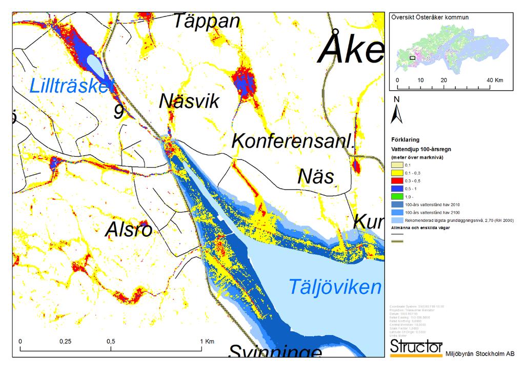 2016-02-26, s 38 (65) Figur 31. Skyfallskarteringen, de tre karterade havsnivåerna samt vägnätet intill Täljöviken.