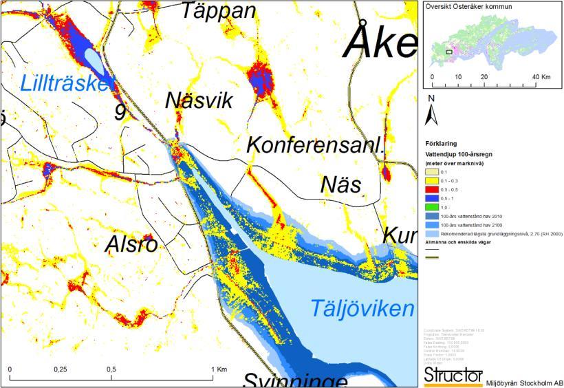 Sträckan är anlagd på gammal jordbruksmark och markerna intill vägen riskerar att få ett vattendjup på över 0,5 enligt skyfallskarteringen.