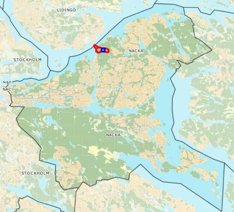 Röd markering visar sökandes närliggande fastigheter. Lilla kartan visar var i kommunen området ligger.