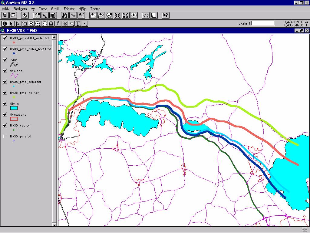 4.2 GIS-beskrivning av valda sträckor De tillgängliga datakällorna används för att återge vägsträckningen med hjälp av ett GIS-program (ArcView), dels för riksväg 36 mellan Motala och Linköping, dels