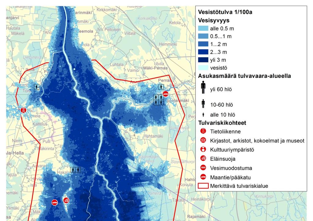 Bild 1. Karta över översvämningsrisker i området Lappo med betydande översvämningsrisk vid en översvämning som förekommer en gång per hundra år. 2.