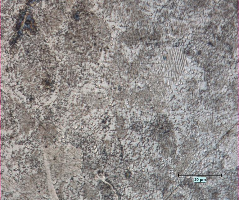 593Q visar en fin sfäroidiserad struktur med jämna glober av cementit. Det finns områden där vissa synliga delar av bainitens riktning i ingångsstrukturen finns, se figur 24.