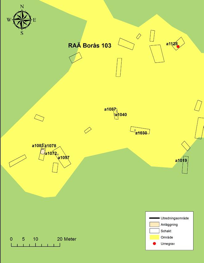 Figur 6. Karta över västra delen av RAÄ Borås 103.
