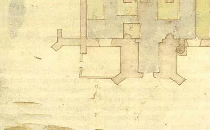 Den undersökta murkonstruktionen sammanfaller i stort med den rundade kormuren. Bredden är uppmätt till ca 2 m totalt Figur 16. Kocks teckning av den gotiska kyrkan från 1806.