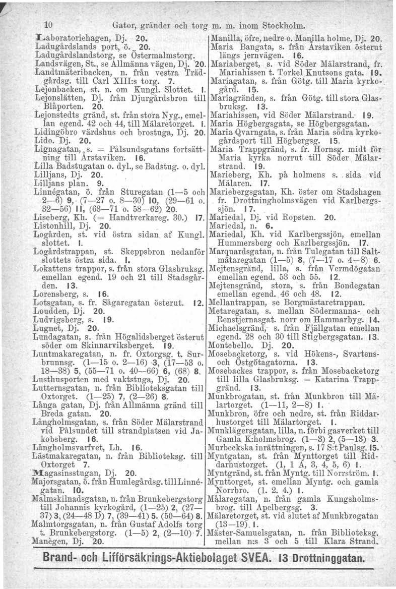 o vid 10 Gator, gränder och torg m. m. inom Stockholm. _ Laboratoriehagen, Dj. 20. Manilla, öfre, nedre o. Manilla holme, Dj, 20. Ladugårdslands port, ö," 20. Maria Bangata, s.