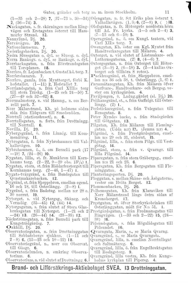 Gator, g nindcr och torg m. m. inom Stockholrn. 11 (1-35 och 2-28) 7,,37-73 '0. 30--3-!)IOdengatan, n. fr. f':t Eriks plan österut t. 2, (36-74) 3. : Yalhallavägen. (1,3) 6, (2-8) 9, ( ) 18.
