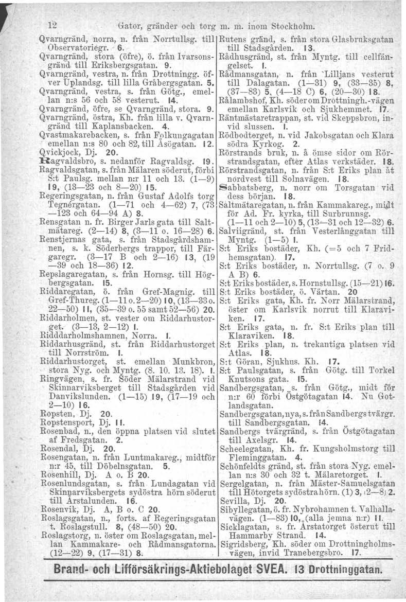 12 Gator, gränder och torg m. m. inom Stockholm. Qvarngränd, norra, n. från Norrtullag. till Rutens gränd, s. från stora Glasbruksgatan Observatoriegr. 6. till Stadsgården. 13.