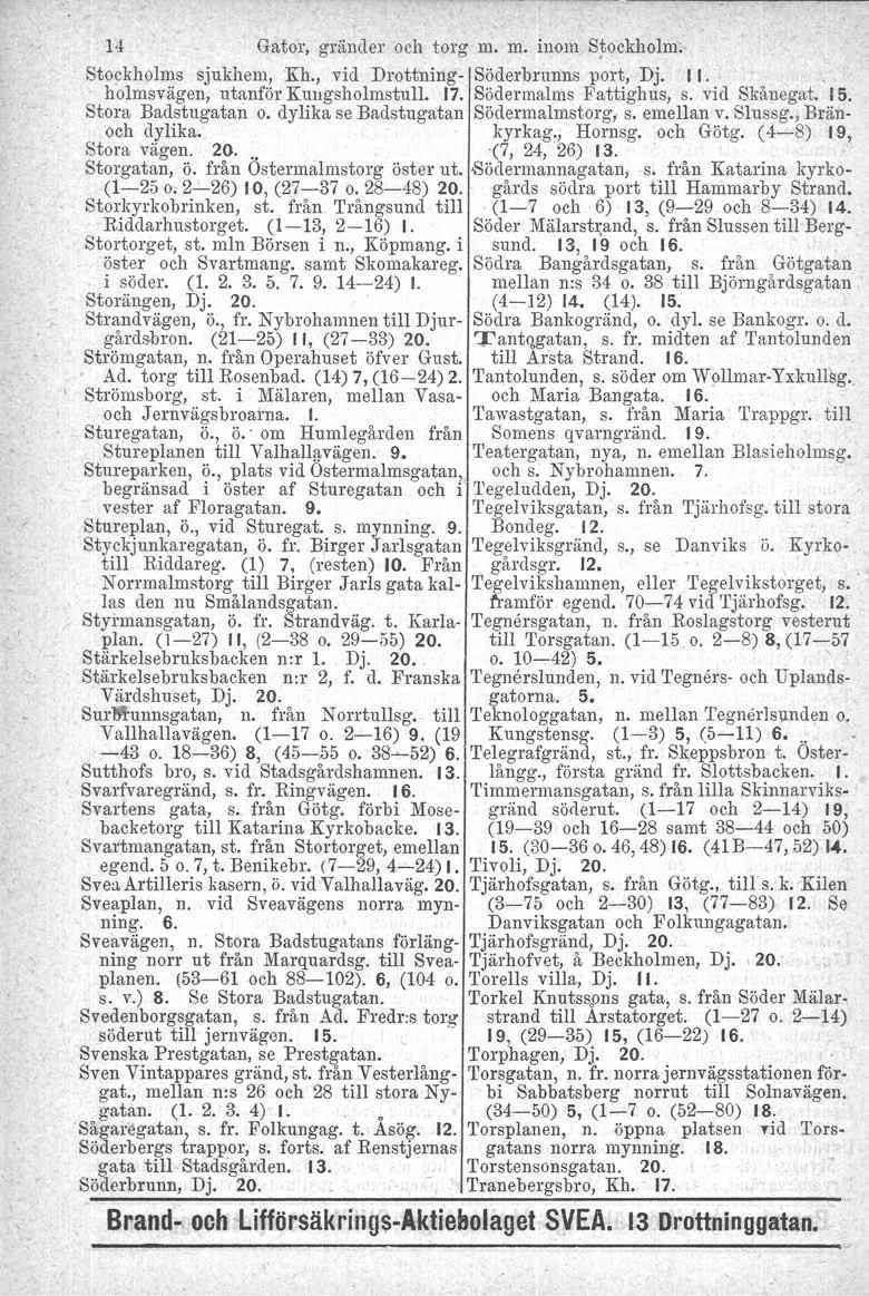 14 Gator, gränder och torg m. m. inom S~ockholm: Stockholms sjukhem, Kh., vid Drottning- Söderhrunns port, Dj. II. holmsvägen, utanför Kungsholmstull. 17. Södermalms Fattighus, s. vid Skånegat. 15.