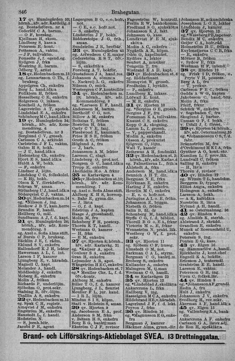 846 Brahegatan. 17 qv. Humlegården 53; Lagergren BO, hömb.,äfv.adr.kardellg.5 not. e.o.hofr, Fagerström W, kontroll. JohansonH, ckus~ Ferlln R W, bankokomm! Josephson L S.