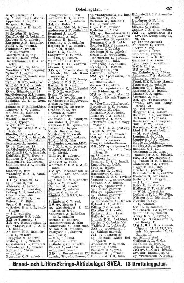 5 qv. Oxen-m.,11 ego Stadling J J, skriftst. Appelblad H K, frkn Bergman F, ing. \Bergetrand A E, hand!. - M,~barnm. Bäckström M, fröken Engelb,recht G, bokhandl.