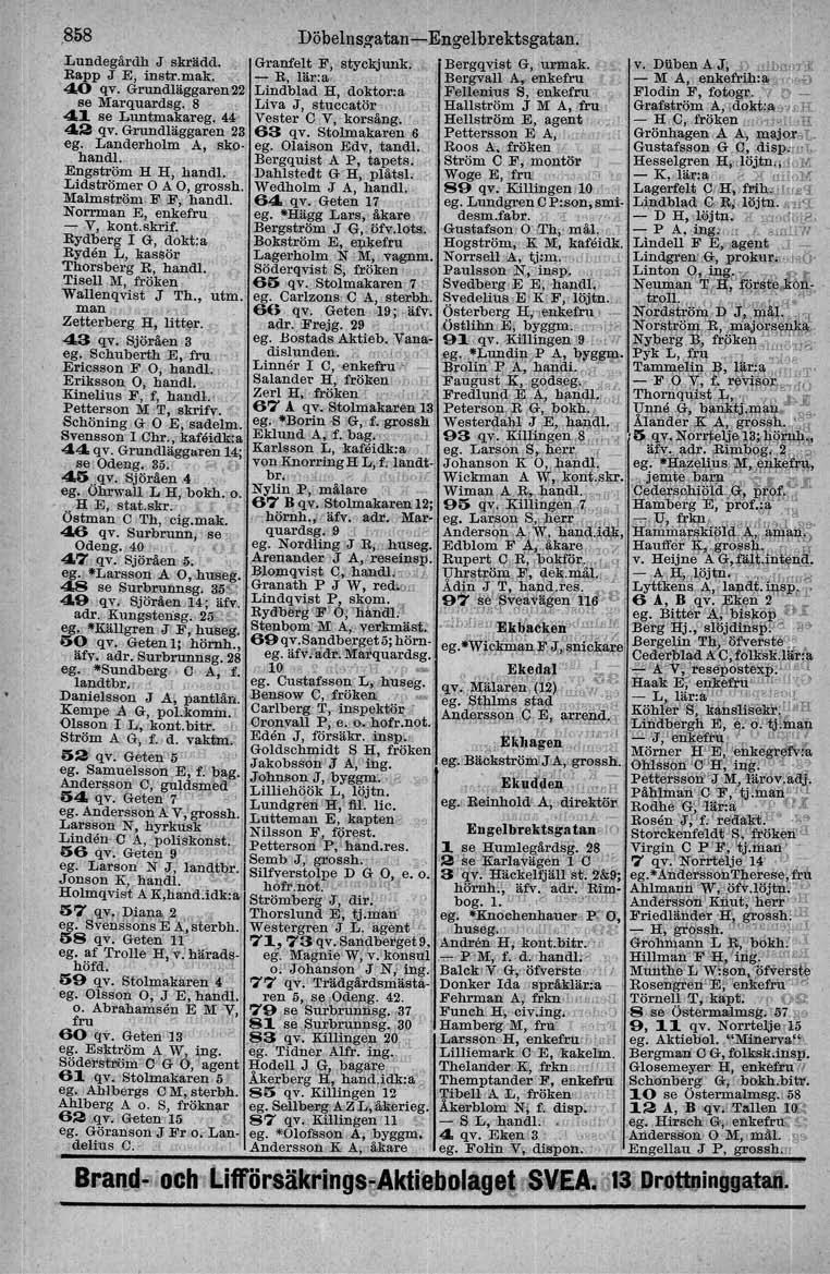 .858 DöbelnsA'lltan~Engelbrektsgatan. Lundegårdh J skrädd.. Granfelt F, styckjunk. Bergqvist G, '1llJUak. v. Dllbeu A J, J? uibnp",,. Rapp J E, instr.mak. - R, lär:a, Bergvall A. enkefru - M A, e!