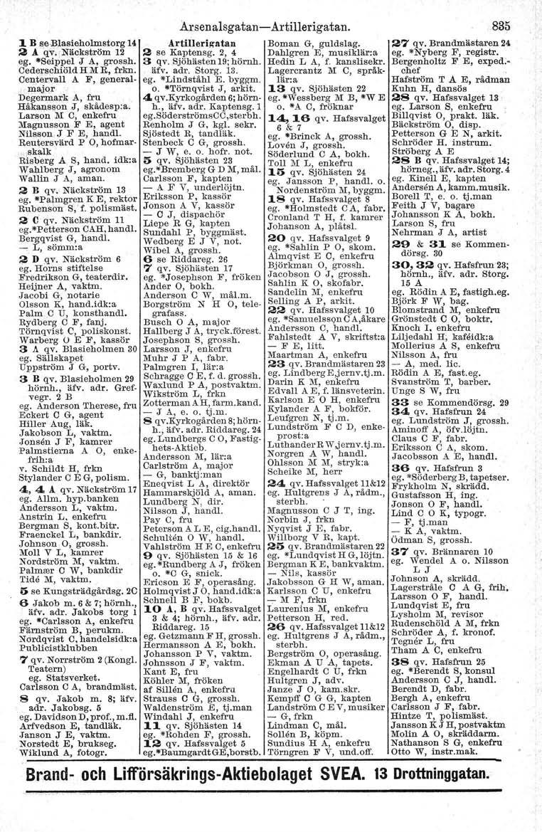 1 B se.blasieholmstorg 14 Artillerig-atan Boman G, guldslag. 27 qv. Brandmästaren 24 2 A qv, Näckström 12 2 se Kaptensg. 2, 4 Dahlgren E, musiklär:a ego *Nyberg F, registr. ego -Seippel J A, grossh.