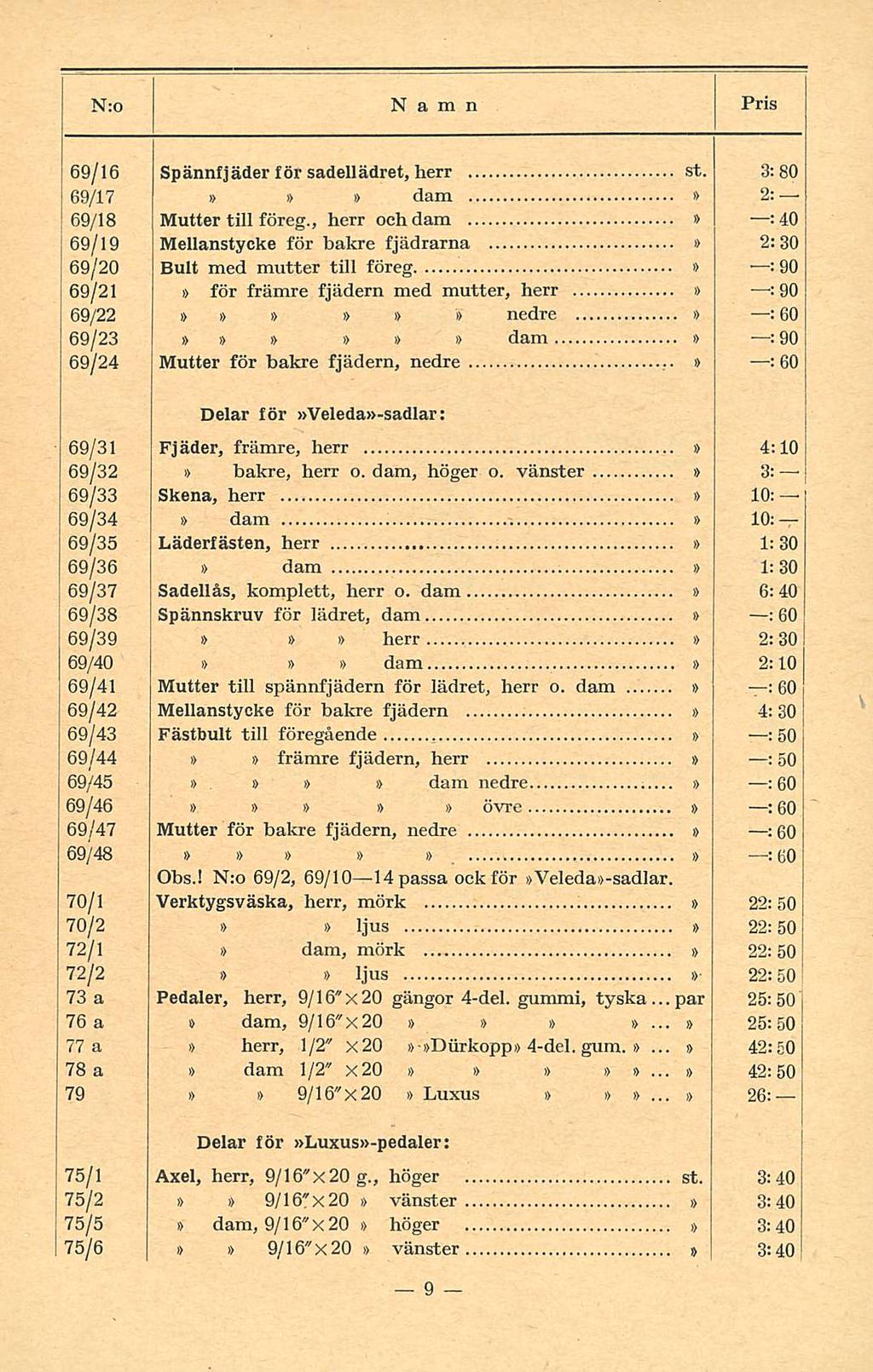69/16 Spännfjäder för sadellädret, herr st. 3:80 69/17 dam 2: 69/18 Mutter till föreg.