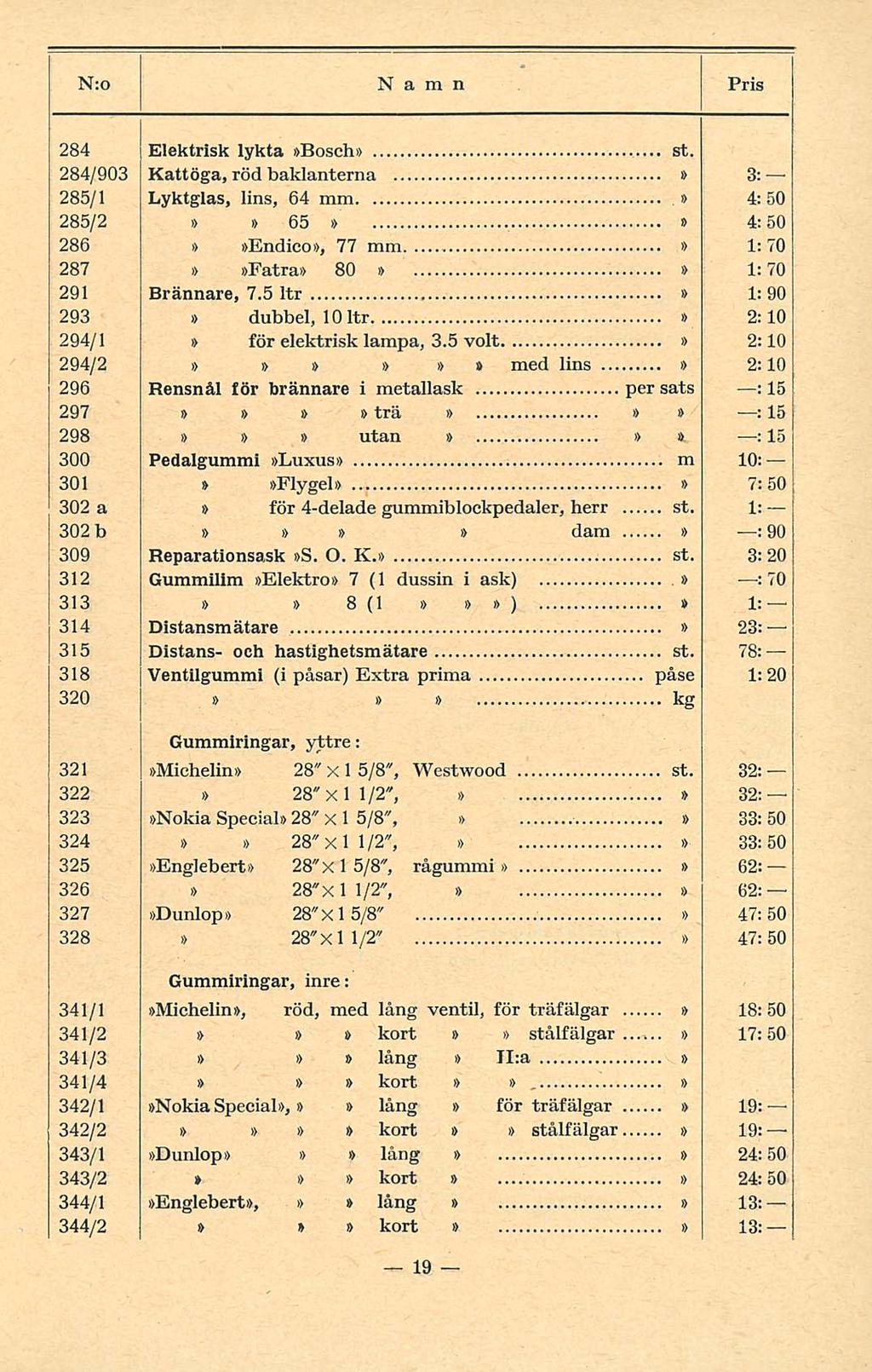 , 284 Elektrisk lykta Bosch st. 284/903 Kattöga, röd baklanterna 3: 285/1 Lyktglas, lins, 64 mm 4: 50 285/2 i> 65 4:50 286 Endico, 77 mm 1:70 287 Fatra 80 i> 1:70 291 Brännare, 7.