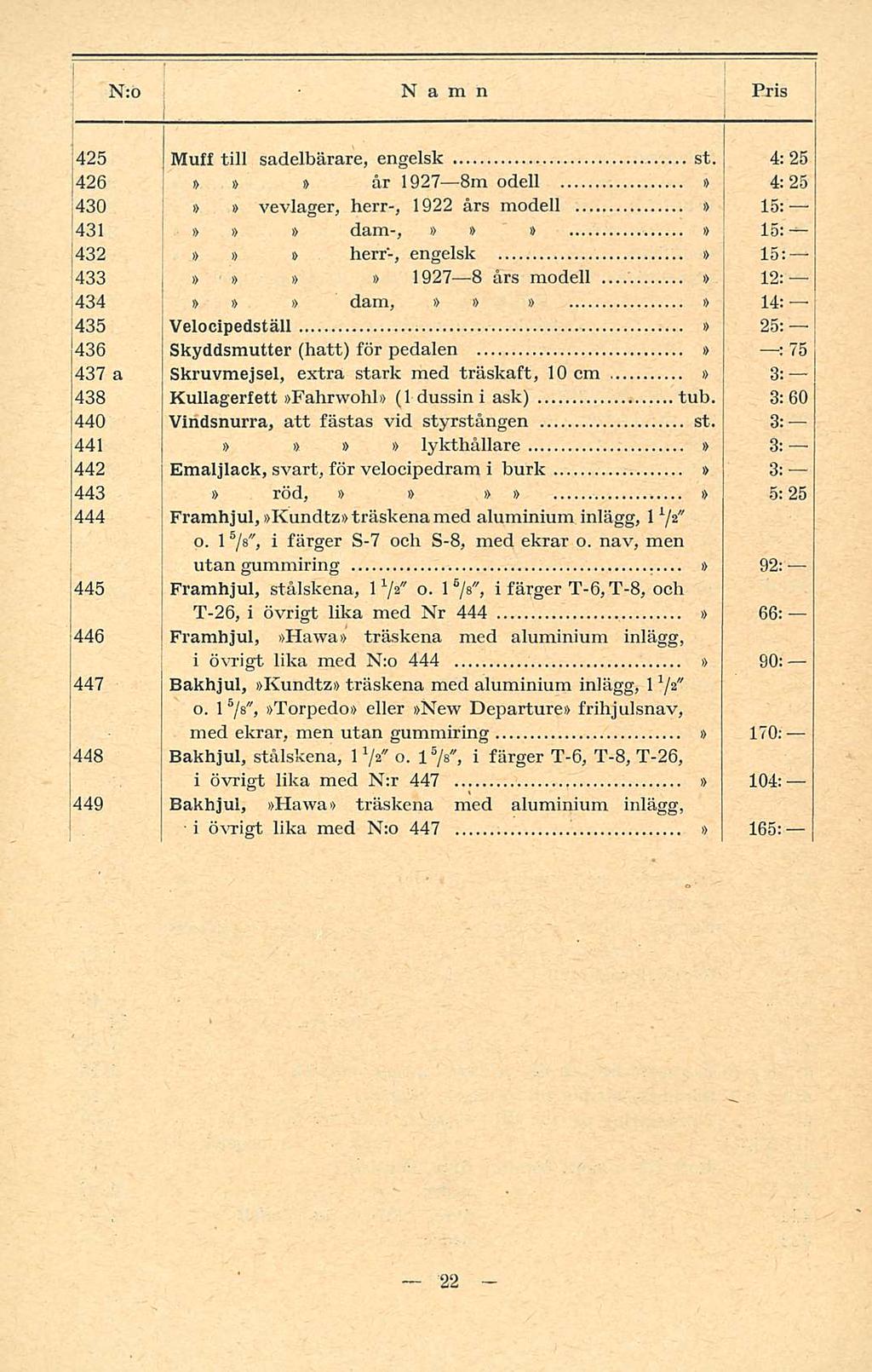 Framhjul, j 425 Muff till sadelbärare, engelsk st. 4: 25 426 i> är 1927 8m odell 4:25 430 vevlager, herr-, 1922 års modell 15: 431 dam-, 15: 432 herr-, engelsk 15: 433 j 1927 8 ärs modell 12:- 434!
