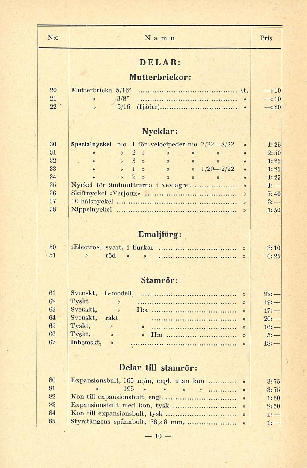 DELAR: Mutterbrickor: 20 Mutterbrieka 5/16" st. : 10 21 3/8" * ; 10 22 5/16 (fjäder) - : 20 Nycklar: 30 Specialnyckel n:o 1 för velocipeder n:o 7/22 8/22 1:25 31 i> 2 2:50 32.